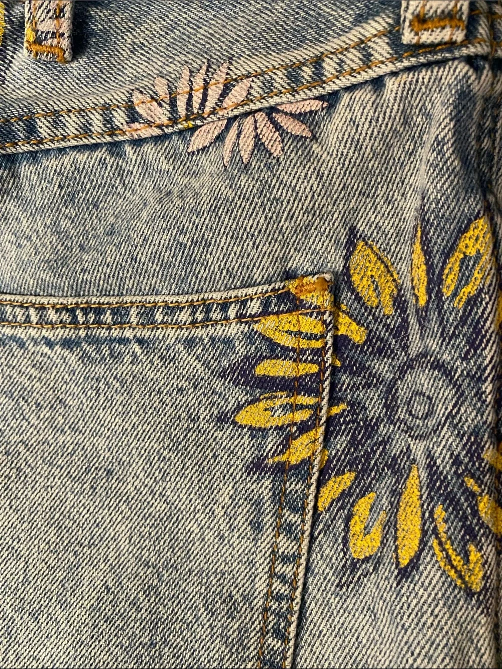 Free People Light Blue Denim Shorts with Yellow & Pink Floral Print